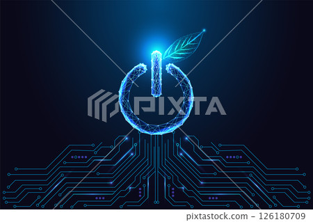 Green energy and smart power concept with glowing power button and leaf, circuit board vector Green energy and smart power concept with glowing power button and leaf, circuit board vector 126180709