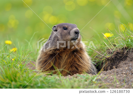 Marmot Emerging From Burrow in Spring Meadow Surrounded by Wildflowers During Sunny Day 126180730