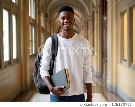 Student Smiling Confidently in a University Hallway While Holding a Notebook 126180731
