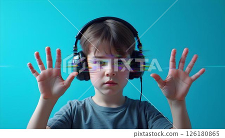 Autistic Boy with Headphones Reaching Toward Camera, Surrounded by Glitch Effects Symbolizing Fragmented Sensory and Reality Perception 126180865
