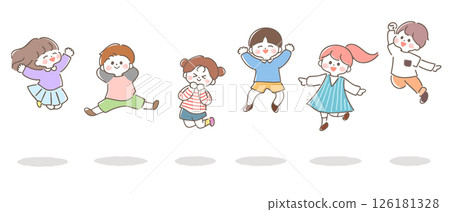 跳躍的孩子，開朗，微笑，排成一排，6 個人 126181328