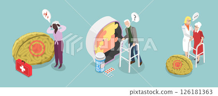 3D Isometric Flat Vector Illustration of Age Related Changes, Elderly Brain Activity Problems 126181363