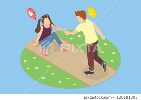 3D Isometric Flat Vector Illustration of Good Behavior Example, Compassionate Boy Supports Friend After Fall 126181393