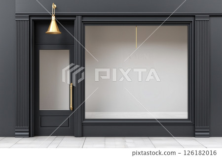 Realistic storefront mockup, local shop store glass window, small business commercial branding showcase 126182016