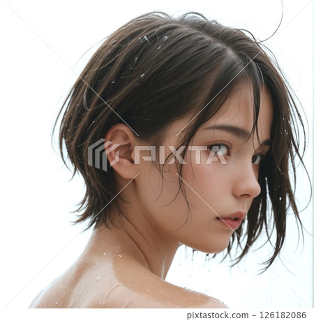 Portrait of a Japanese woman with wet hair turning around 126182086