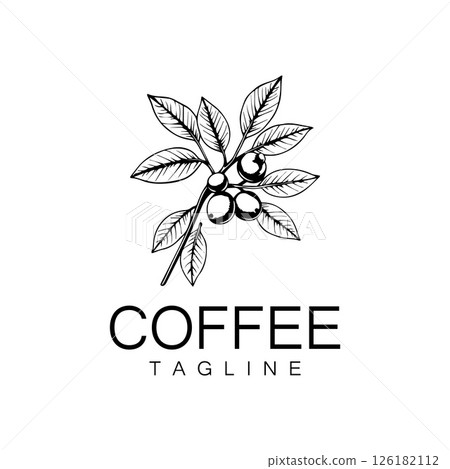 Logo design of arabica coffee cup and coffee plant hand drawn vintage style 126182112