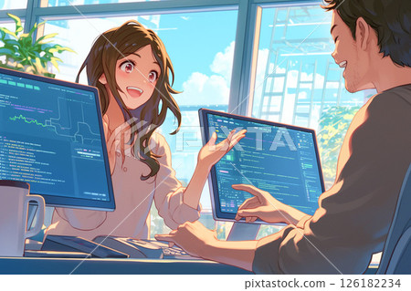 Male and female engineers discussing a program with gestures_Illustration 1 Male and female engineers discussing a program with gestures_Illustration 1 126182234