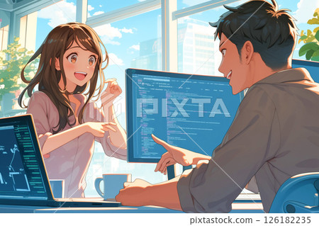 Male and female engineers discussing a program with gestures_Illustration 2 126182235