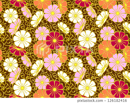 日式無縫背景，帶有金色蔓藤花紋和波斯菊花 126182416