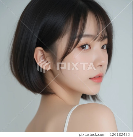 日本女性的肖像，回首白色背景 126182423