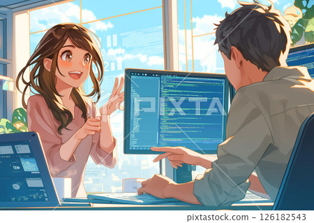 Male and female engineers having a meeting about a program with gestures_Illustration 3 126182543