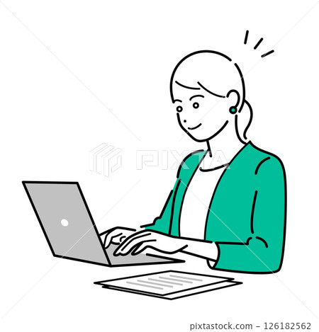 Simple upper body vector illustration of a woman wearing a business suit working on a computer Simple upper body vector illustration of a woman wearing a business suit working on a computer 126182562