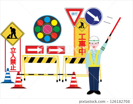 一名交通管制員警告司機在施工現場要小心。 126182708