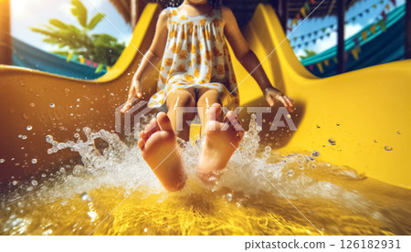 This close-up photograph captures the beaming joy of a little girl sliding down a yellow water slide under bright daylight. Her face, lit by natural sunlight, radiates excitement amidst the splashes 126182931