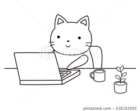 Cat working remotely - Line drawing 126183083