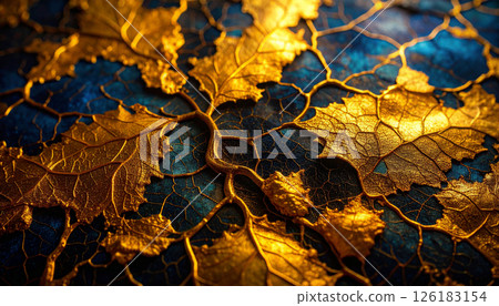 cracked Renaissance style gold leaf over peacock blue .Background concepr. Generated Image 126183154