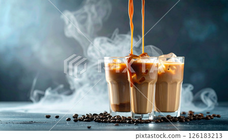 Misty caramel waterfall over iced coffee .Background concept. Generated Image Misty caramel waterfall over iced coffee .Background concept. Generated Image 126183213