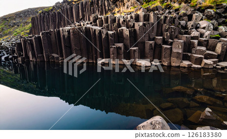 Basalt columns by the river landscape .Background concept. Generated Image Basalt columns by the river landscape .Background concept. Generated Image 126183380