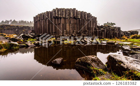 Basalt columns by the river landscape .Background concept. Generated Image Basalt columns by the river landscape .Background concept. Generated Image 126183382