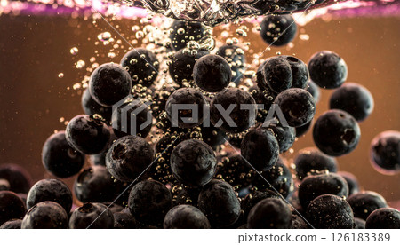 Blueberries soaked in water and making bubbles .Background concept. Generated Image 126183389