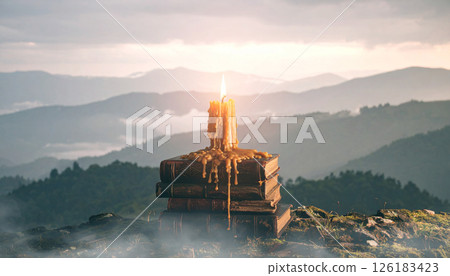 dripping candle wax on antique books .Background concept. Generated Image 126183423