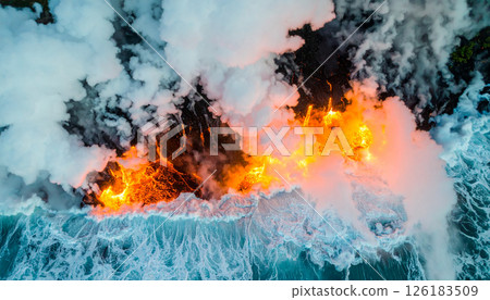 lava splashing to ocean at dusk, .Background concept. Generated Image 126183509