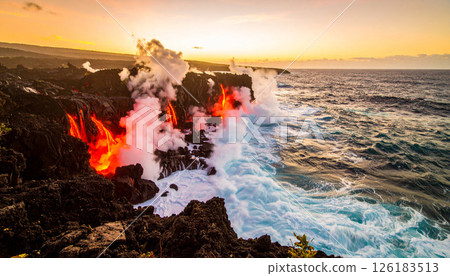 lava splashing to ocean at dusk, .Background concept. Generated Image 126183513