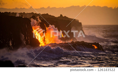 lava splashing to ocean at dusk, .Background concept. Generated Image 126183522