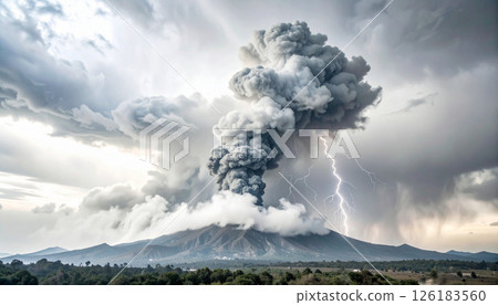 ash cloud, lightning, monochrome dystopian environment .Background concept. Generated Image ash cloud, lightning, monochrome dystopian environment .Background concept. Generated Image 126183560