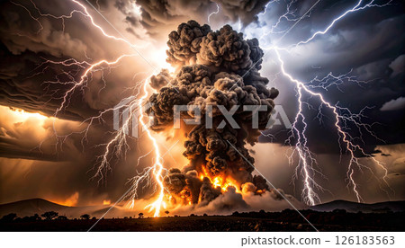ash cloud, lightning, monochrome dystopian environment .Background concept. Generated Image 126183563