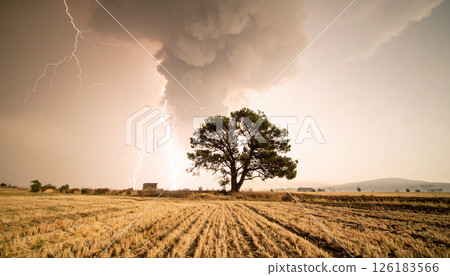 ash cloud, lightning, monochrome dystopian environment .Background concept. Generated Image ash cloud, lightning, monochrome dystopian environment .Background concept. Generated Image 126183566