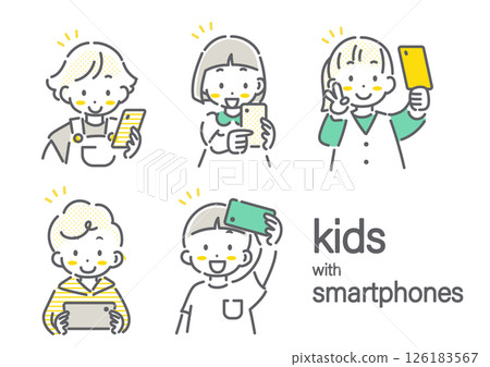 Children having fun using smartphones - simple and cute line drawing illustration 126183567