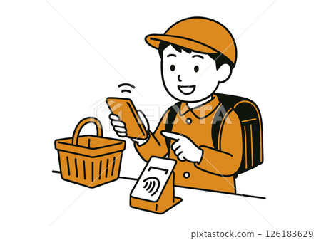 一名男小學生使用智慧型手機付款的插圖 126183629