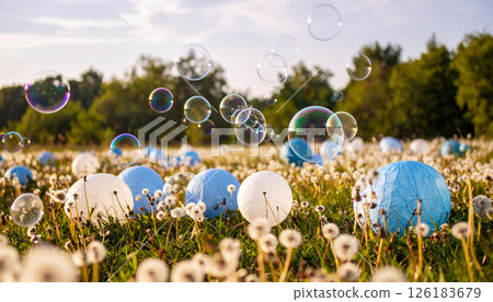 Paper balloons and soap bubbles floating in the grassland 126183679