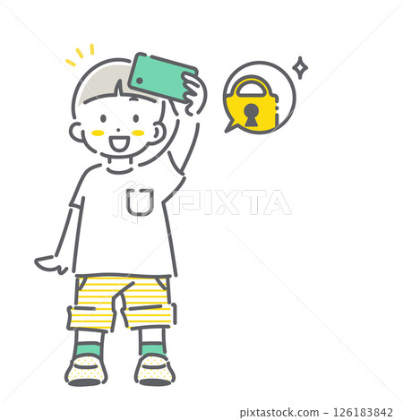 A child using a smartphone safely and happily - simple and cute line drawing illustration 126183842