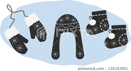Fur Mittens on rope Earflap Hat Cozy booties Winter Accessories with Snowflakes and stich decor Set 126183901