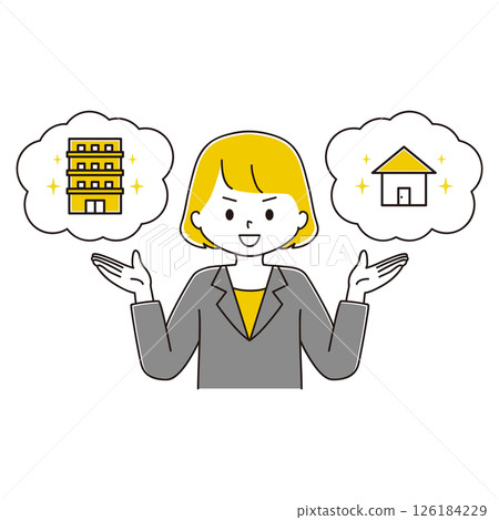 Illustration of a woman in a suit introducing real estate 126184229