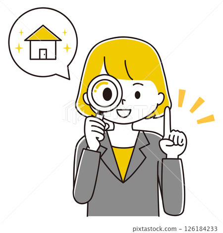 Illustration of a woman in a suit looking for a house, pointing 126184233
