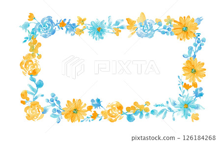 水彩。水彩風格的植物和花卉向量框架。藍色和黃色的夏季色彩花框。 126184268