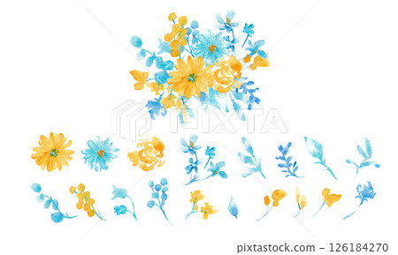 水彩。水彩風格的植物和花卉向量框架。藍色和黃色的夏季色彩花框。 水彩。水彩風格的植物和花卉向量框架。藍色和黃色的夏季色彩花框。 126184270