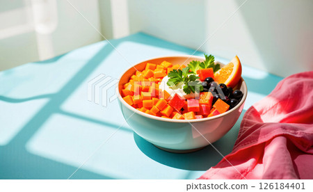 Vibrant poke bowl set in the sunny corner on a soft aqua background 126184401