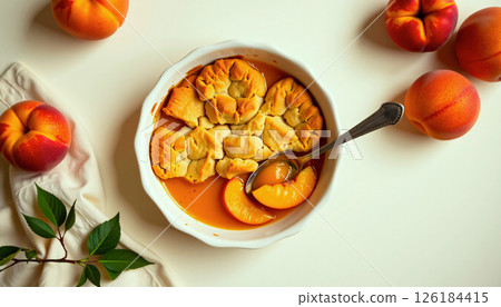 Vibrant peach cobbler set in the inviting corner on a creamy ivory background 126184415
