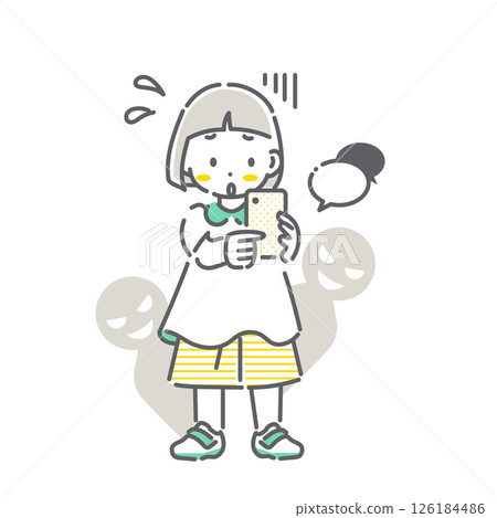 一個因使用智慧型手機而陷入麻煩的女孩 — — 簡單可愛的線條畫插圖 126184486