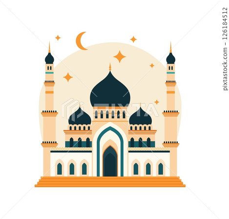 Illustration of Golden Islamic Mosque Exterior Building Landscape in Middle East 126184512