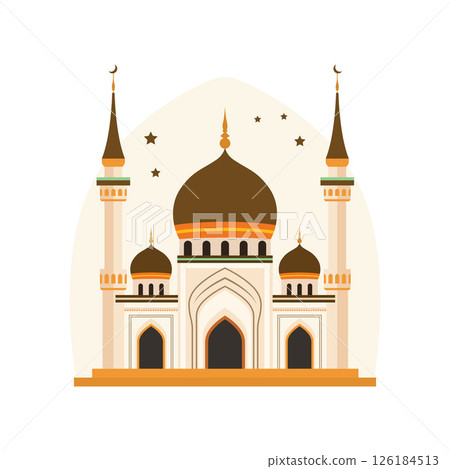 Illustration of Islamic Mosque Exterior Building Landscape with Minaret in Middle East 126184513