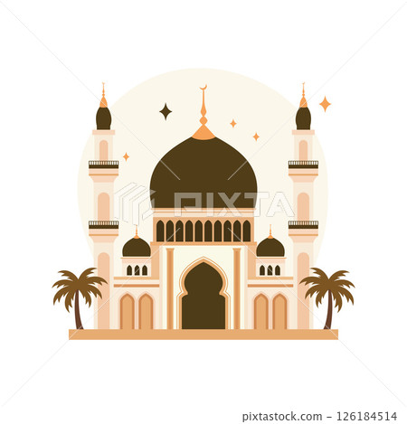 Illustration of Islamic Mosque Exterior Building Landscape with Minaret in Middle East 126184514
