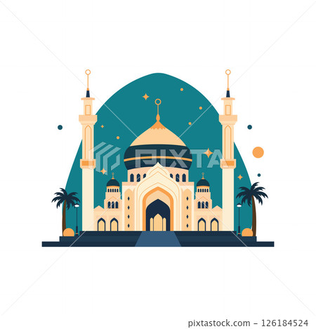 Illustration of Golden Islamic Mosque Exterior Building Landscape in Middle East 126184524