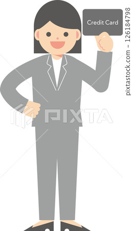 A woman in a suit holding a credit card 126184798