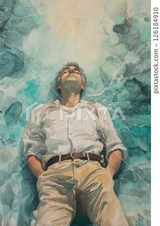 Man relaxing sunlight, water reflection, peaceful, serene, adult male, white shirt, beige pants 126184910