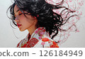 一位身著和服的女子，在櫻花的襯托下，長髮隨風飄揚 126184949